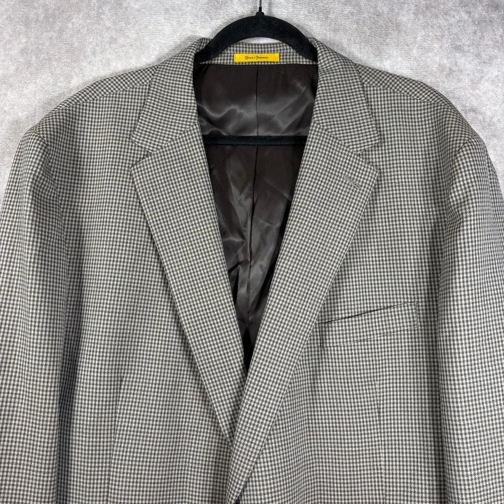 Hickey‎ Freeman Blazer Sport Coat Men Size 52L Brown Houndstooth Wool Two-Button